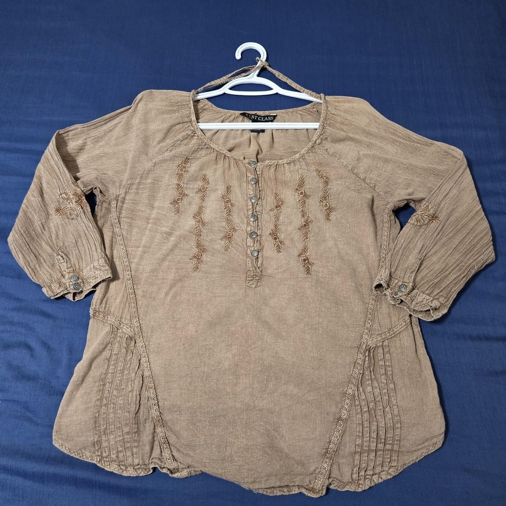 Just Class Blouse Womens L Brown 100% Cotton Embroidered Tunic Top 3/4 Sleeve